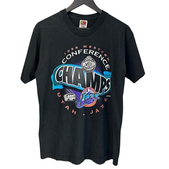 Vintage 1998 Utah Jazz NBA T Shirt Black Western Conference Champs Single Stitch - Picture 1 of 4